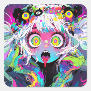 Sticker Carré Neon Kawaii Shockwave : Psychedelic Anime Girl