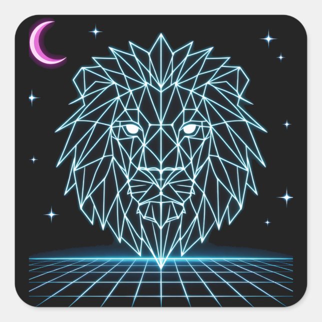 Sticker Carré Neon Lion Synthwave - Roi Prédateur Rétro (Devant)
