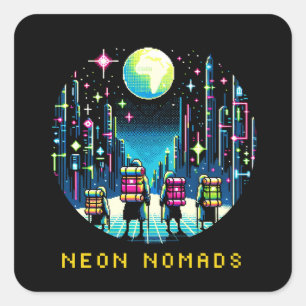Sticker Carré Neon Nomads 8 bits - Cyberpunk City Adventure
