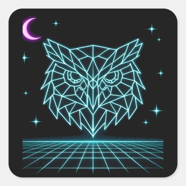 Sticker Carré Neon Owl Synthwave - Veilleur de Nuit Rétro (Devant)