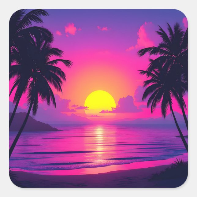Sticker Carré Neon Palm Sunset – Vaporwave Tropical Aesthetic (Devant)
