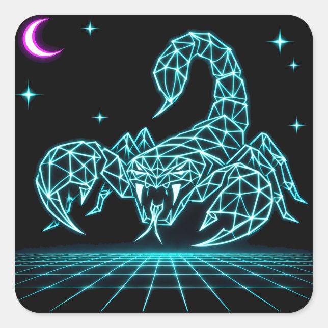 Sticker Carré Néon Scorpion Synthwave – Dard Électrique Rétro (Devant)