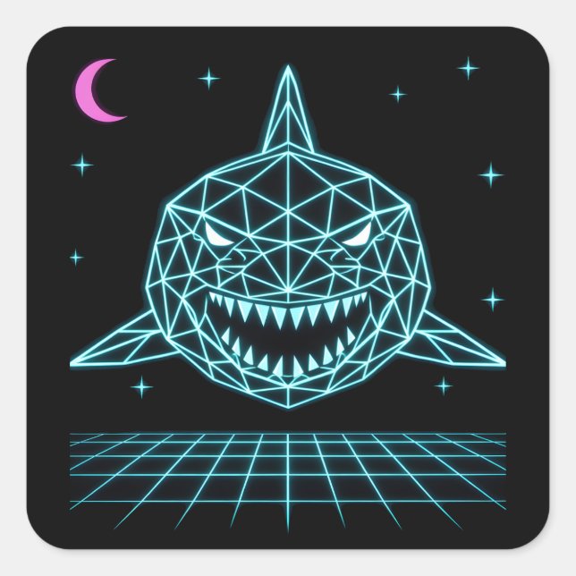 Sticker Carré Neon Shark Synthwave - Prédateur Océan Rétro (Devant)