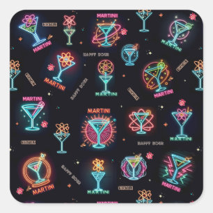 Sticker Carré Neon Sign Space Age Atomic Martini Cocktails Impri