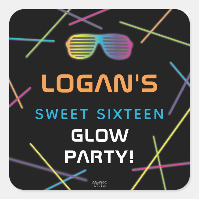 Sticker Carré Neon Sweet 16 Anniversaire Glow Party (Devant)