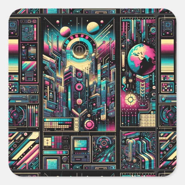 Sticker Carré Neon Tech Odyssey (Devant)