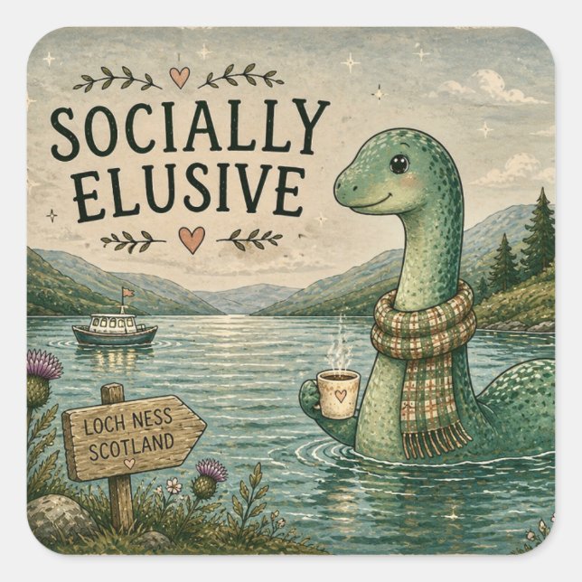Sticker Carré Nessie Cryptide Confortable Élusive Socialement Lo (Devant)