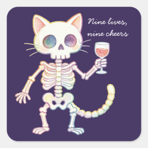 Sticker Carré Neuf Vies Neuf Acclamations Chat Squelette Mignon