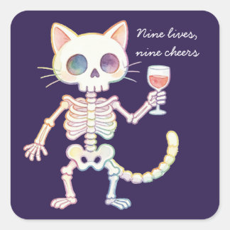 Sticker Carré Neuf Vies Neuf Acclamations Chat Squelette Mignon
