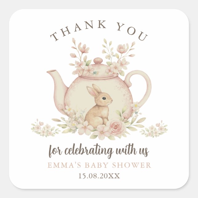 Sticker Carré Neutral Bunny Tea Party Baby Shower Thank You  (Devant)