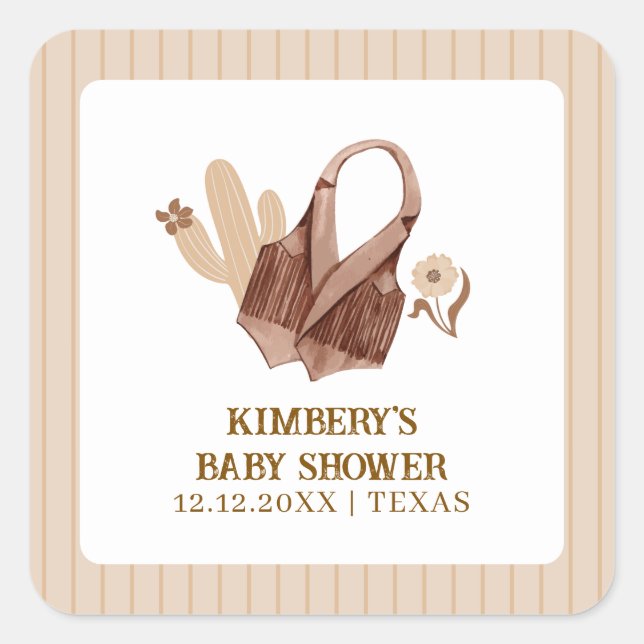 Sticker Carré Neutre Rustique Boho Cactus Baby shower de fille-f (Devant)