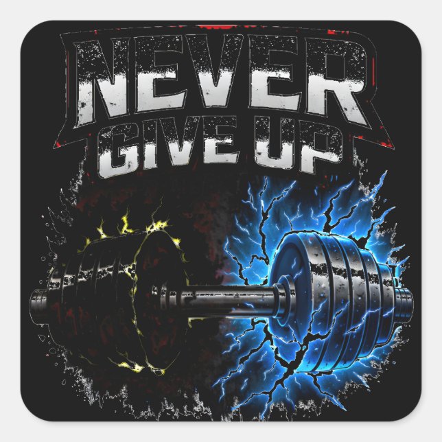 Sticker Carré Never Give Up – Resilience Gym Motivation (Devant)