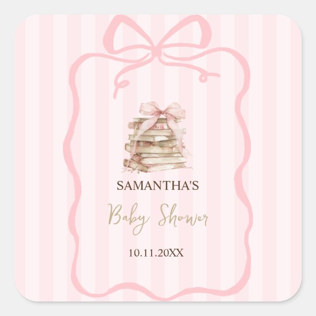 Sticker Carré New Chapter Pink Bow Stripes Baby Shower (Devant)