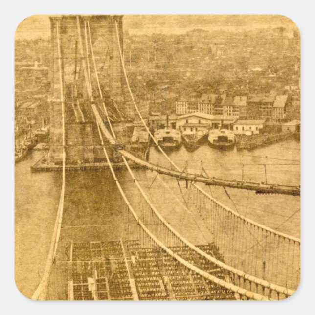 Sticker Carré New York City Brooklyn Bridge Construction 1870 (Devant)