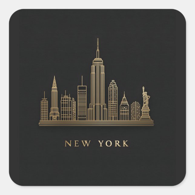 Sticker Carré New York Skyline Gold Line Art (Devant)