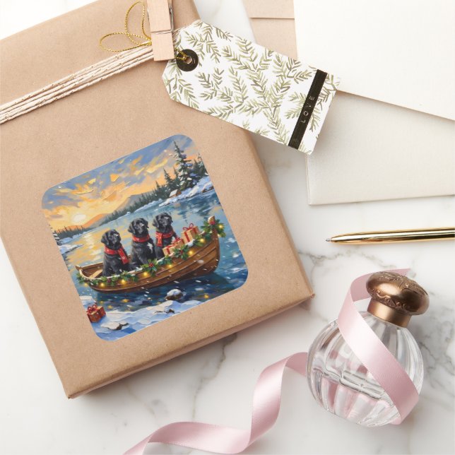 Sticker Carré Newfoundland Dog Christmas Boat Holiday (Cadeaux)