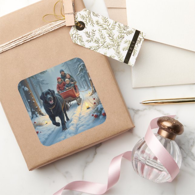 Sticker Carré Newfoundland Dog Snowy Sleigh Ride Christmas (Cadeaux)