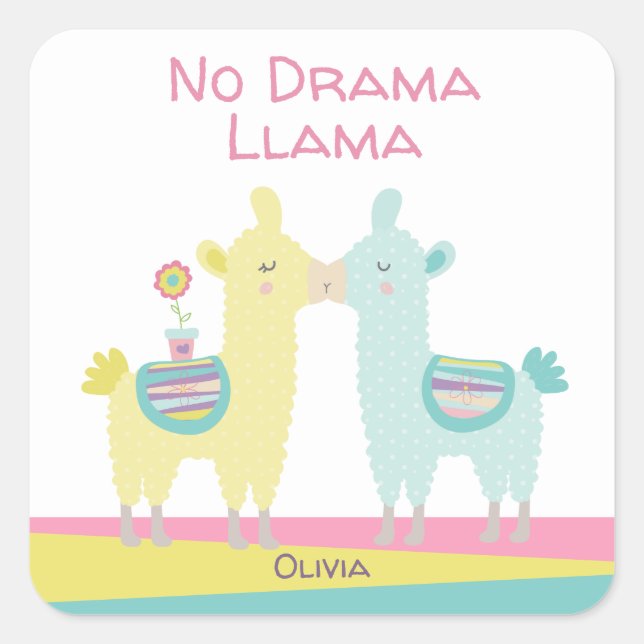Sticker Carré No Drama Llama rose jaune Turquoise Nom École (Devant)