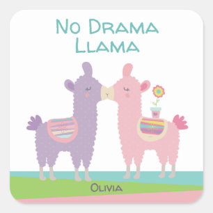 Sticker Carré No Drama Llama rose violet Turquoise Nom École