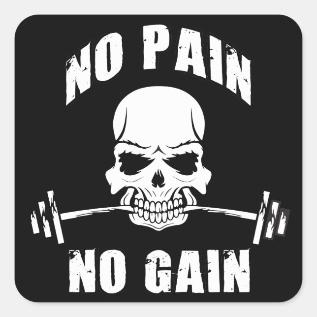 Sticker Carré No Pain No Gain - Skull and Barbell - Motivation (Devant)