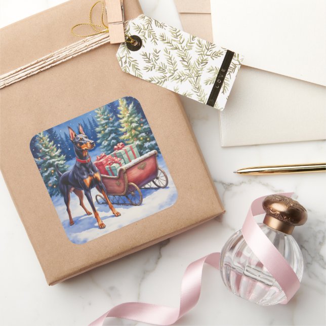 Sticker Carré Noble Doberman Guarding Christmas Sleigh Winter (Cadeaux)