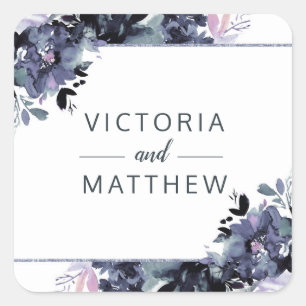 Sticker Carré Nocturne Floral Dusty Blue Monogram Mariage