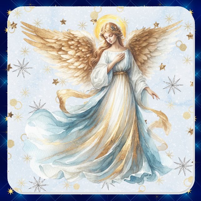 Sticker Carré Noël Angel or bleu aquarelle (Créateur téléchargé)