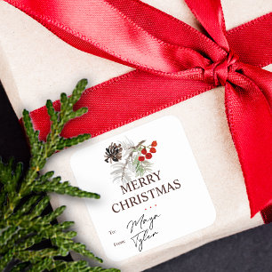 Sticker Carré Noël Aquarelle Pine Cone Berries à destination et