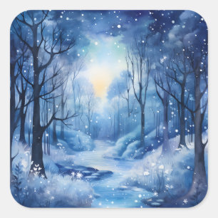 Sticker Carré Noël Arbres Bleus Bois Rivière Snowy Scène