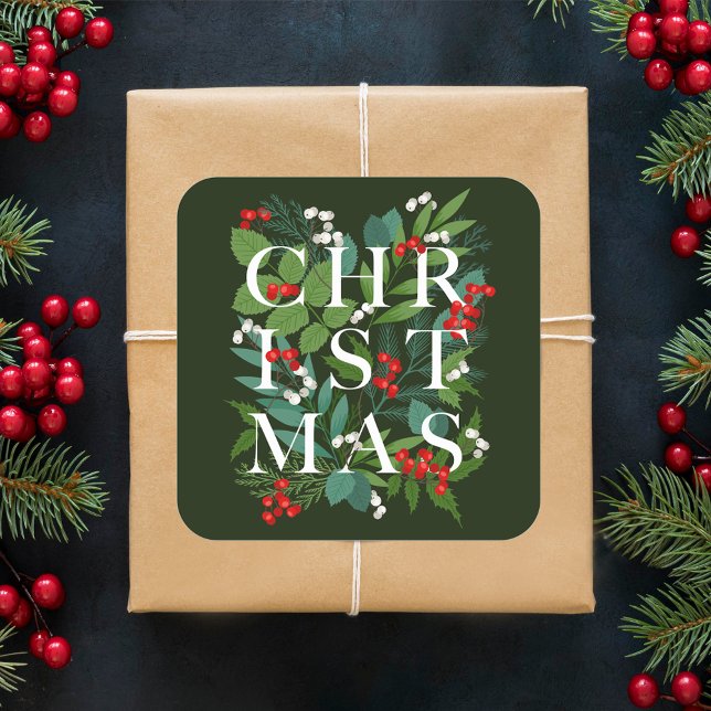 Sticker Carré NOËL Berries vertes Fêtes (CHRISTMAS Greenery Berries Holiday 3" Square Stickers )