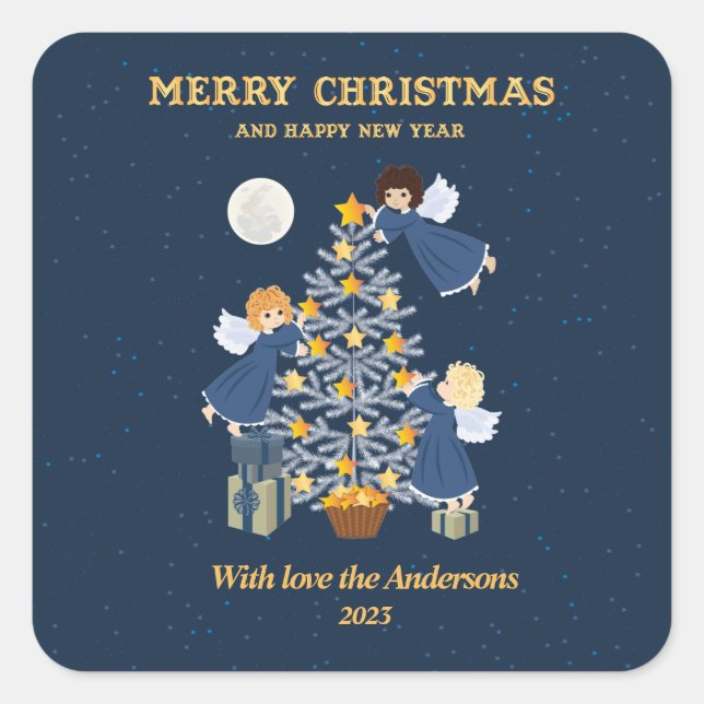 Sticker Carré Noel bleu or mignon bébé ange arbre (Devant)