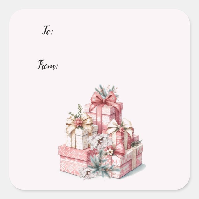 Sticker Carré Noël Blush Rose et Fleurs  (Devant)