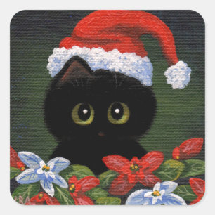 Sticker Carré Noël Chat Noir Père Noël Créationarts amusants