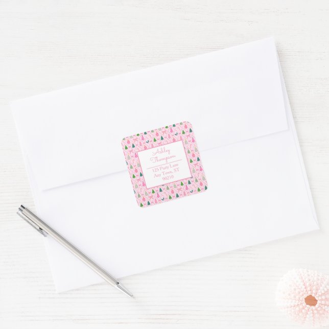 Sticker Carré Noël Coquette Rose (Enveloppe)