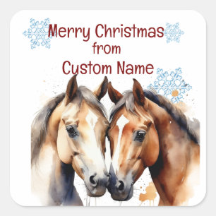 Sticker Carré Noël Cute Chevaux Couple Personnaliser animale