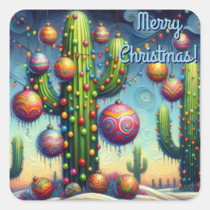 Sticker Carré Noël dans le désert Sud-Ouest Saguaro Cactus