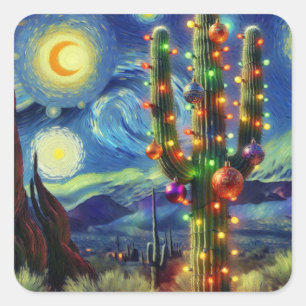 Sticker Carré Noël dans le désert Sud-Ouest Saguaro Cactus