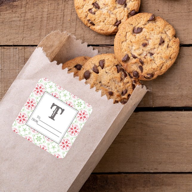 Sticker Carré Noël de Flamme de neige rouge et verte (red and green to and from gift stickers.)