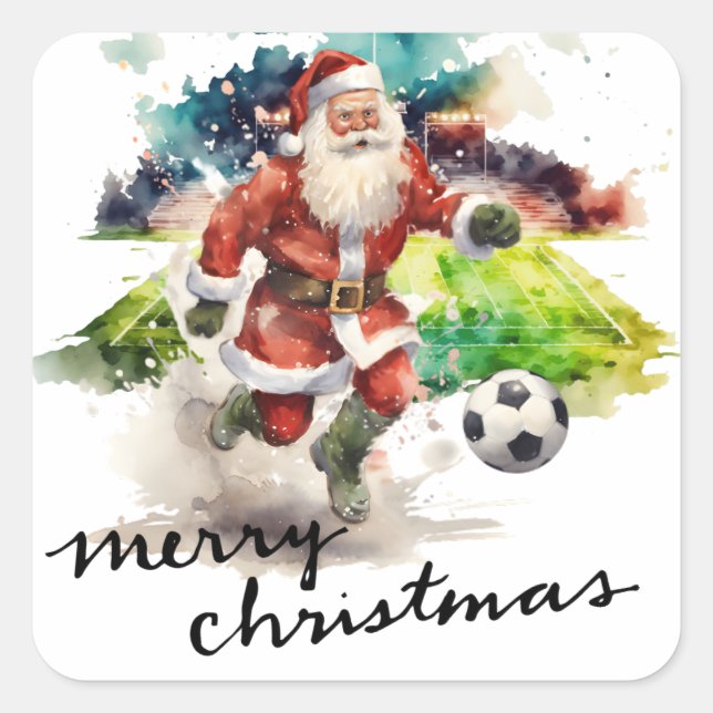 Sticker Carré Noël de football avec le Père Noël jouant au ballo (Devant)