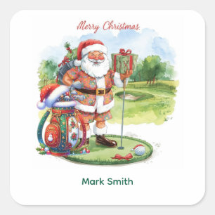 Sticker Carré Noël de golf avec le Père Noël au golf