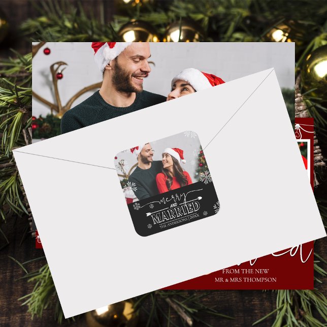 Sticker Carré Noël de jeunes mariés Noir Joyeux & Marié Photo (Newlywed Christmas Black Merry & Married Photo Square Sticker)