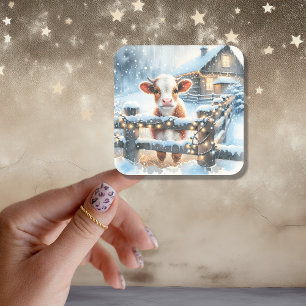 Sticker Carré Noël de la vache festive mignonne