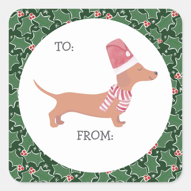 Sticker Carré Noël de mignonne Dachshund (Devant)