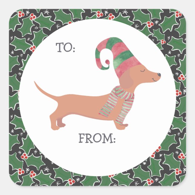 Sticker Carré Noël de mignonne Dachshund (Devant)