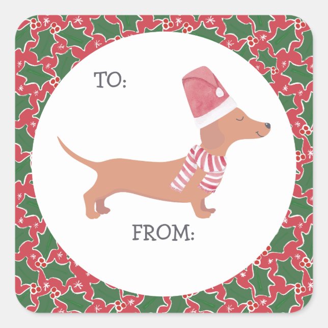 Sticker Carré Noël de mignonne Dachshund (Devant)