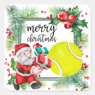 Sticker Carré Noël de tennis avec balle de tennis Santa Claus