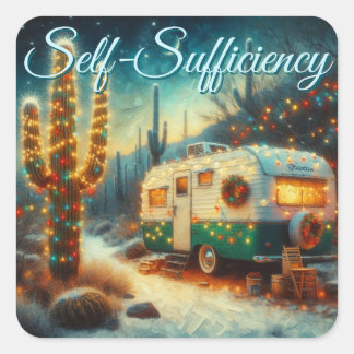 Sticker Carré Noël du Camper vintage dans le désert Saguaro Cact