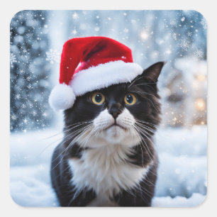 Sticker Carré Noël du chat noir et blanc
