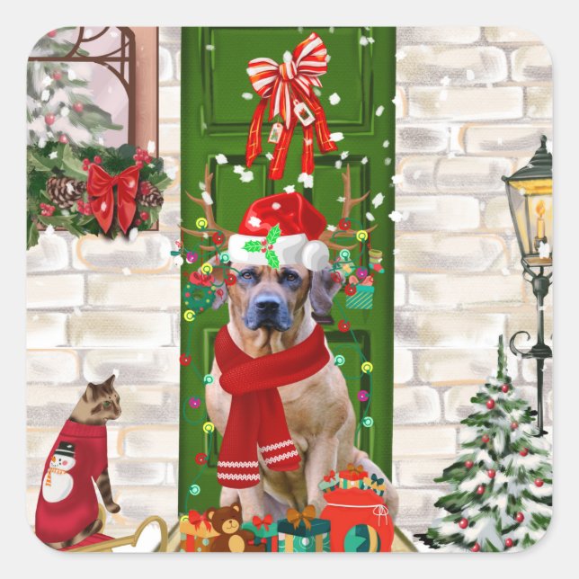 Sticker Carré Noël du chien de Rhodesian Ridgeback (Devant)