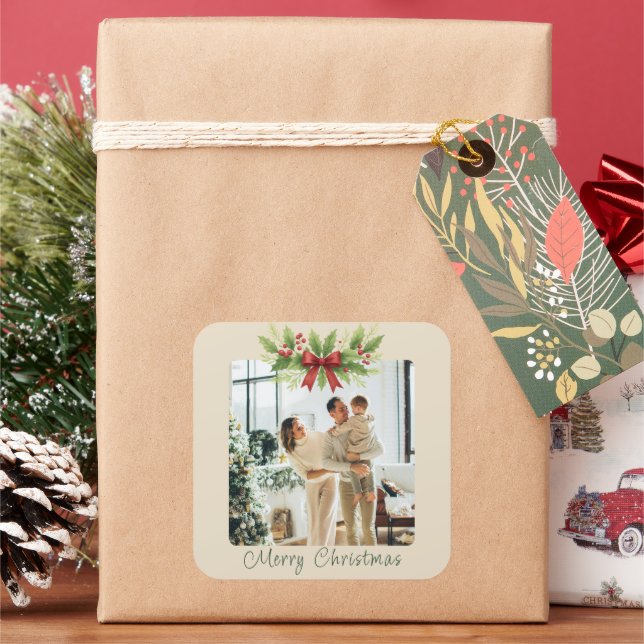 Sticker Carré Noël Élégant Holly & Ruban Rouge -  (vacances)